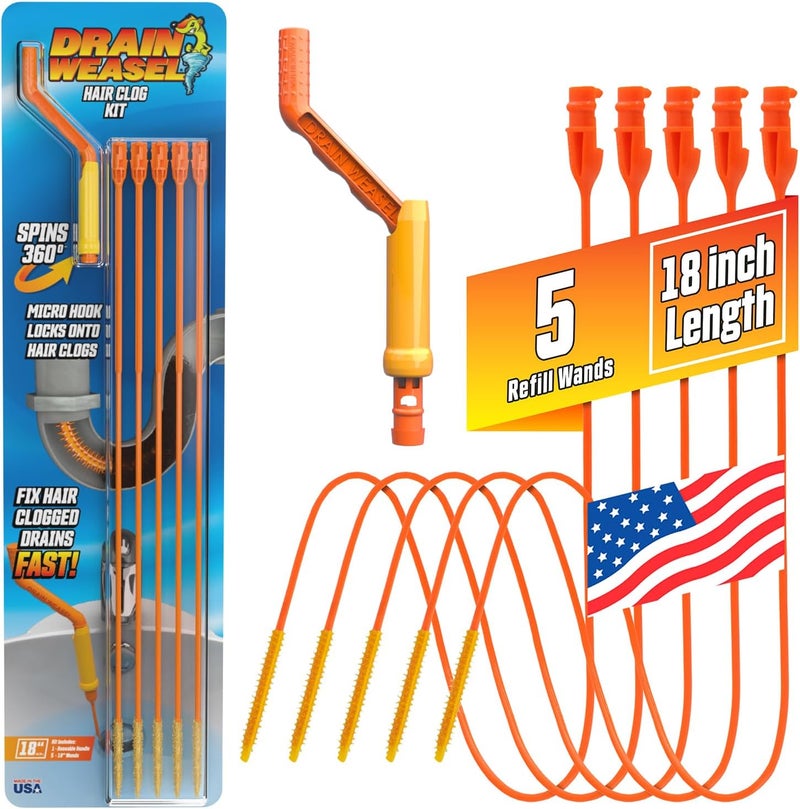 FlexiSnake Drain Weasel Sink Snake Hair Clog Remover Tool, Pipe, Bathroom, Bathtub Cleaner, 18-inch, Made in the USA, 5 Wands and Removable Handle - Image 1